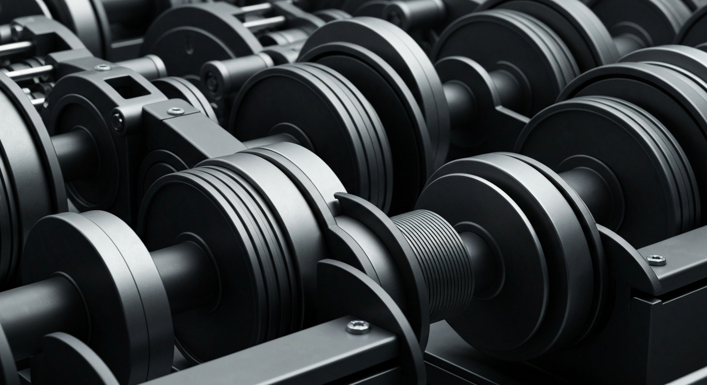 An extreme close-up of heavy, industrial banking machinery and equipment in shades of dark grey, silver, and black, conveying a sense of institutional power and financial security without using literal currency or charts.