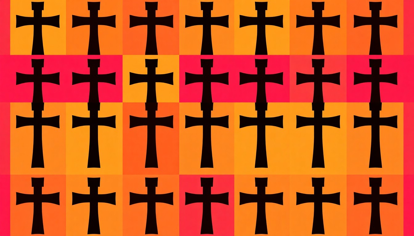 A bold, colorful silkscreen print featuring an Orthodox Christian cross repeated in a grid pattern, capturing the modern pop art aesthetic and the rising interest in Orthodox traditions.
