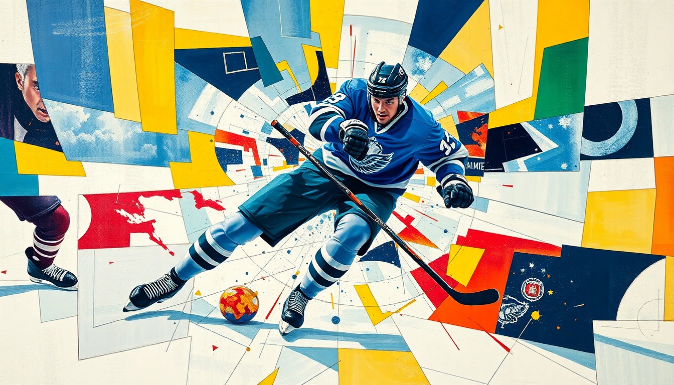 A cubist painting depicting a hockey player's body in motion, with sharp geometric shapes and planes representing the force and impact of the collision that caused the injury.