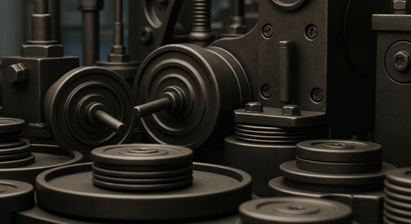 A close-up, cinematic view of heavy, industrial machinery and objects, representing the physical infrastructure and stability of the finance industry.