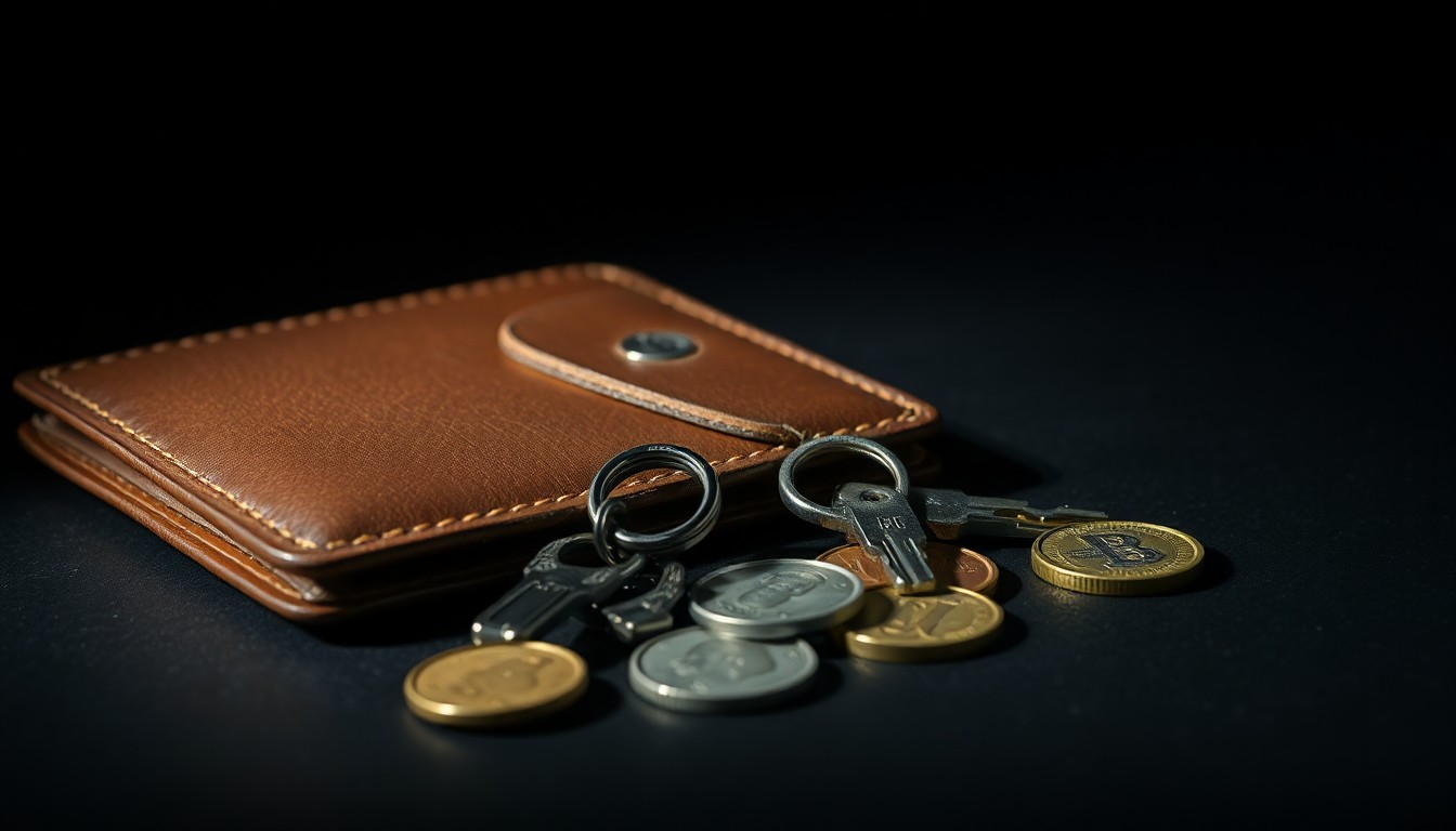 An extreme close-up photograph of a wallet, keys, and loose change on a dark surface, lit by a harsh, direct camera flash, conceptually representing the personal impact of repeat robbery incidents on a victim.