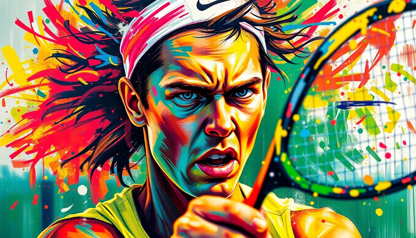 An abstract, expressionist painting in neon colors depicting the intense energy and emotion of a tennis player on the court, with the figure's details dissolving into vibrant brushstrokes.