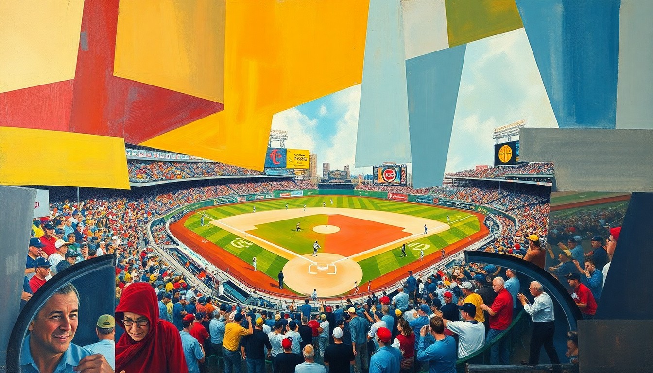 A cubist, geometric painting depicting a baseball game, with the players and field broken down into sharp, overlapping planes of color and shape, capturing the fragmented and chaotic nature of the Braves' loss.