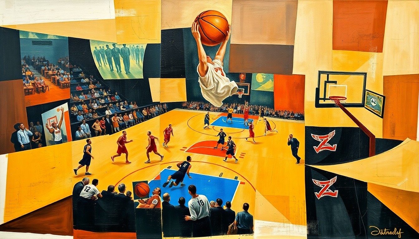 A cubist-style painting featuring overlapping geometric shapes and planes in shades of blue, orange, and green, representing the action and movement of a basketball game.