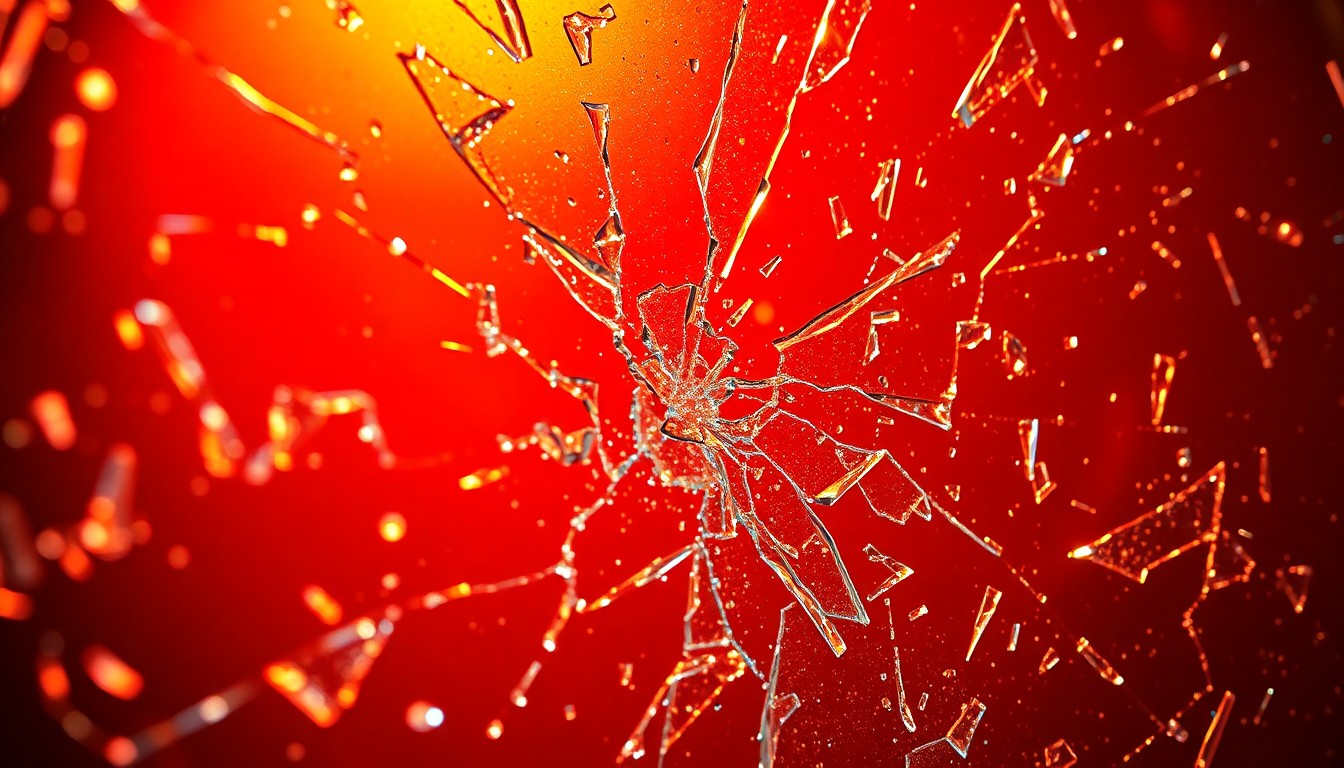 An extreme close-up of shattered glass with a glittering, high-contrast texture, conveying the experimental and innovative spirit of the 1960s rock era.