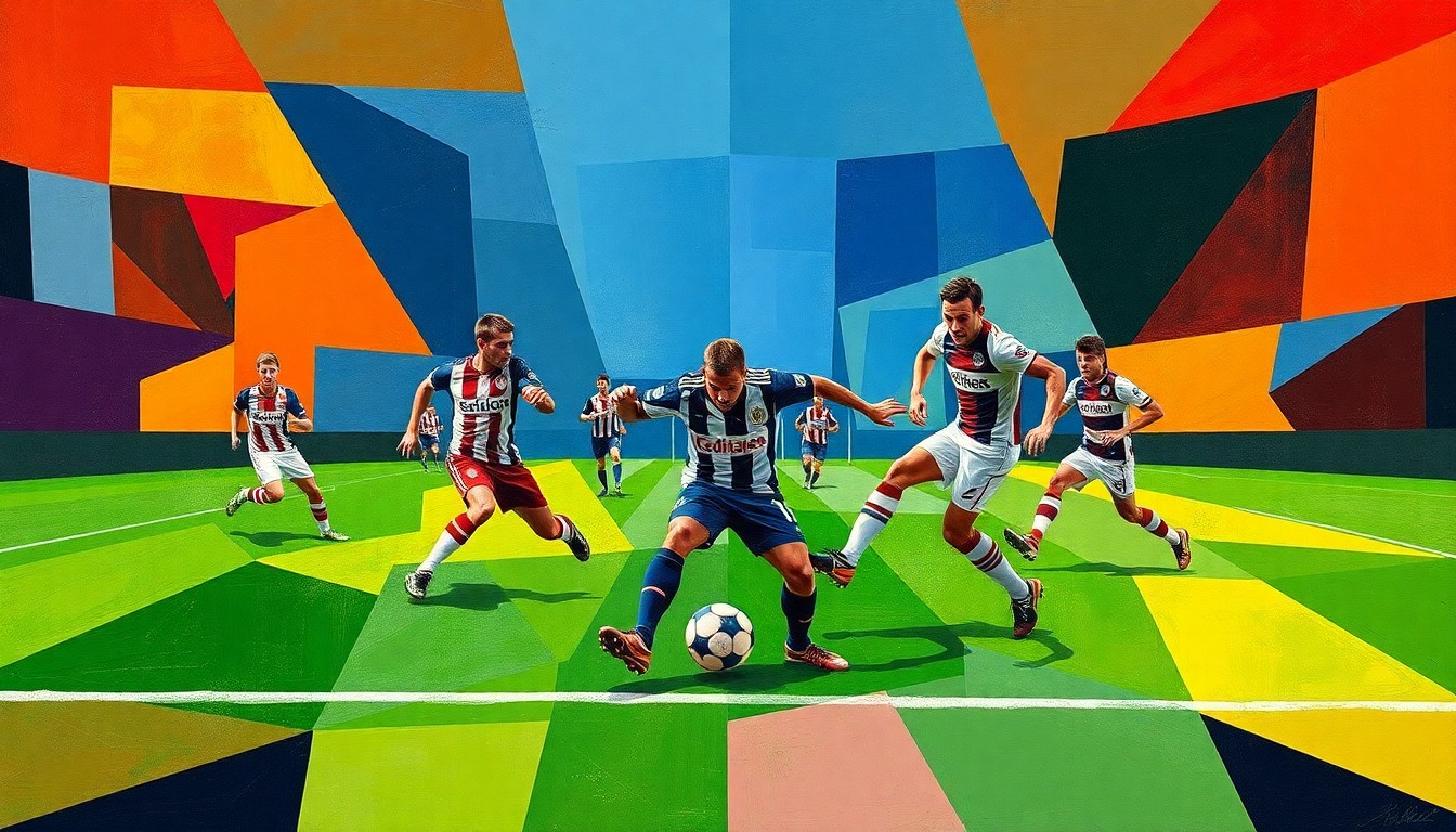 A fractured, multi-perspective painting breaking down a soccer match between two teams into sharp, overlapping geometric shapes and planes, using the teams' official colors to represent the players and ball in an abstract, deconstructed style.