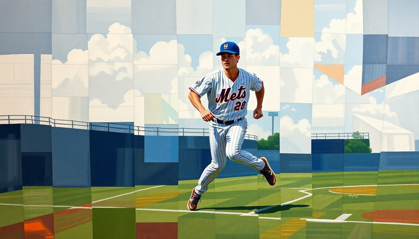A cubist-style painting depicting a Mets baseball player running on a field, broken down into sharp, overlapping geometric shapes and planes, capturing the dynamic energy and motion of the sport.