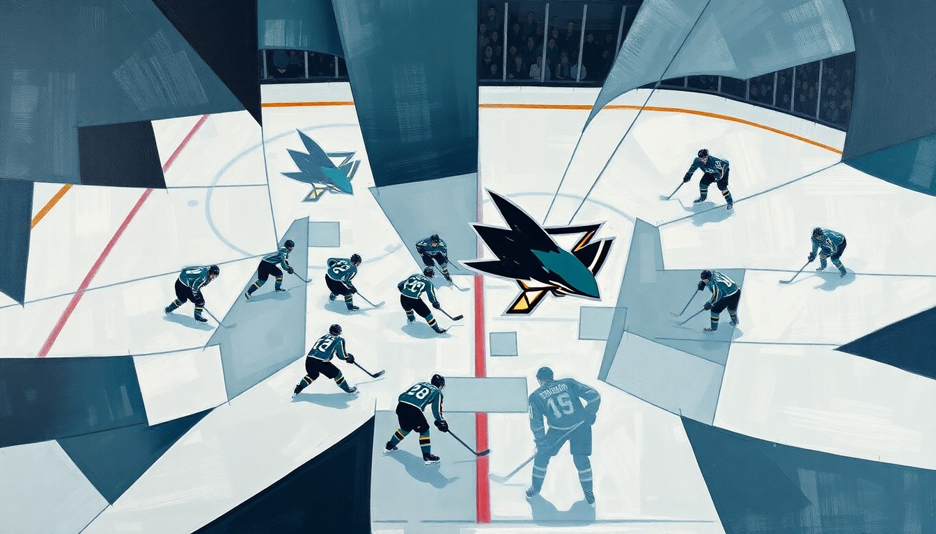 A fragmented, geometric painting in shades of blue, grey, and white, depicting the chaotic and disappointing end to the Sharks' season through a cubist lens.