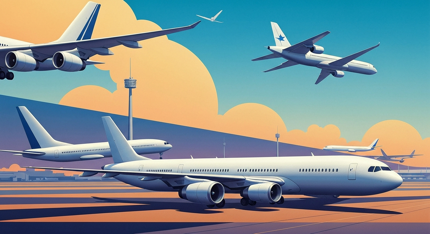 A highly stylized, geometric illustration depicting the grand scale and streamlined forms of air travel, capturing the conceptual essence of Qantas' strategic shift in European flights.