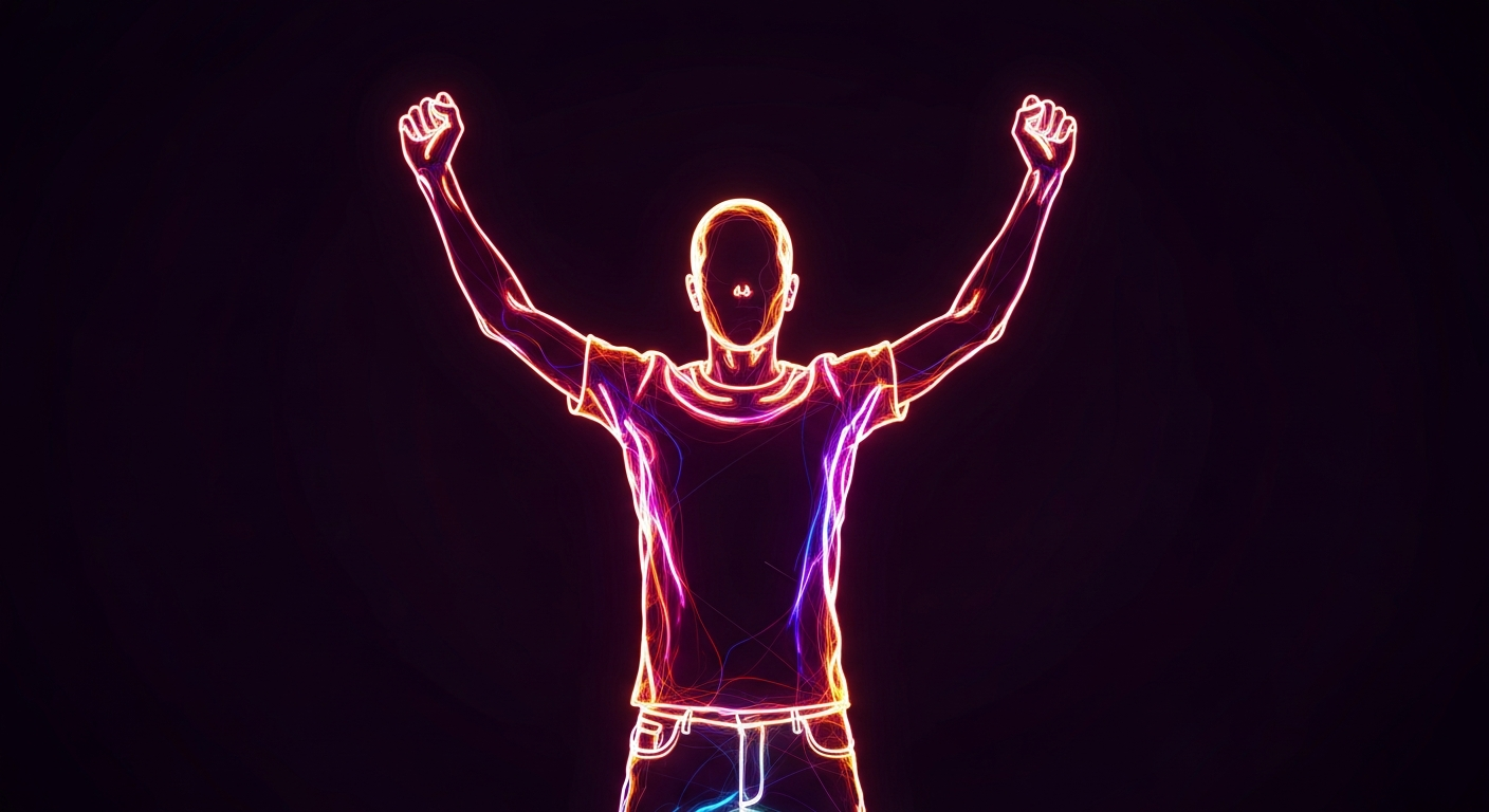 A glowing neon outline of a person with their arms raised, representing the energy and determination of the rally to restore transgender youth health care.
