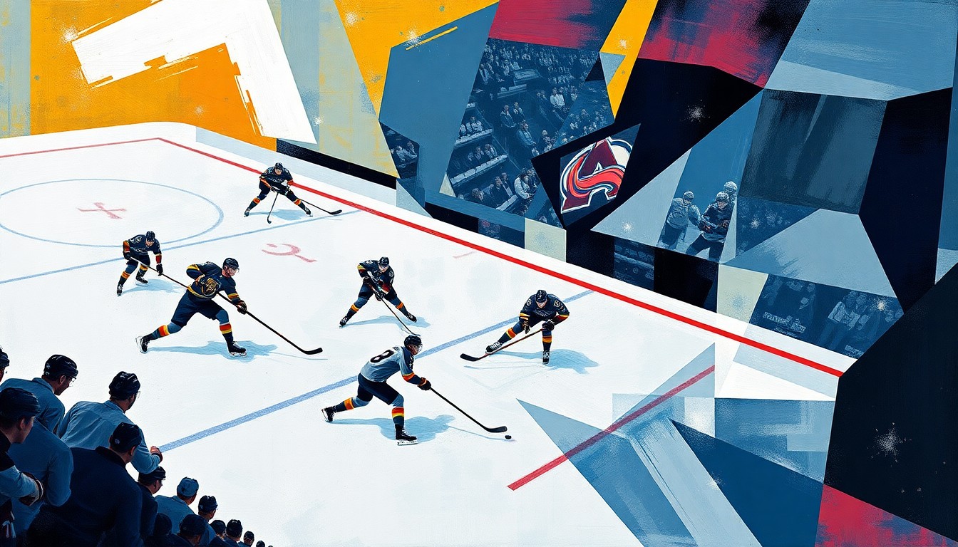 A cubist, geometric painting depicting a hockey game between the Vegas Golden Knights and Colorado Avalanche. The players' movements and the puck's trajectory are broken down into sharp, overlapping angular forms, creating a dynamic and abstract visual representation of the game.