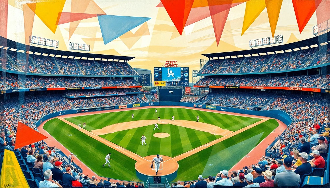 A fragmented, geometric painting depicting the dynamic energy and movement of a baseball game, with the players and field abstracted into sharp, overlapping shapes and forms.