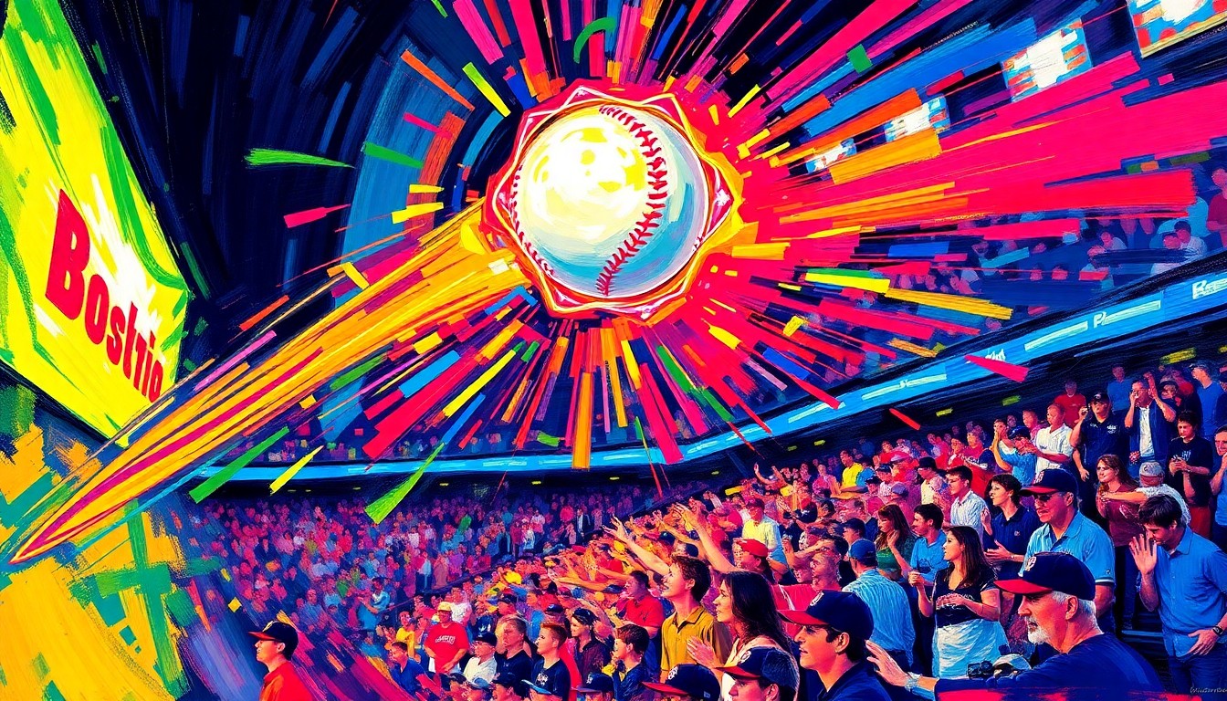 An abstract expressionist painting with vibrant neon brushstrokes capturing the excitement and motion of a baseball soaring through the air as it leaves the bat, surrounded by a swirling crowd in the new Citizens Bank Park stadium.
