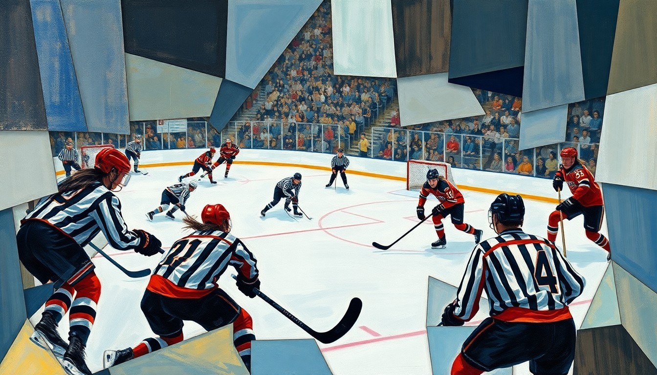 A cubist, geometric painting depicting the dynamic movements and intense competition of a women's ice hockey game, with players and the puck fragmented into overlapping planes of color and shape.