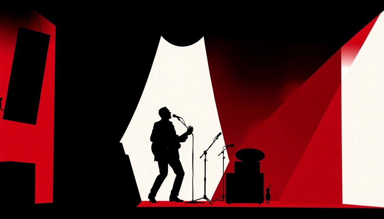 A conceptual illustration featuring bold, geometric shapes and silhouettes in high-contrast red and white, abstractly representing the idea of an exclusive, intimate musical performance.