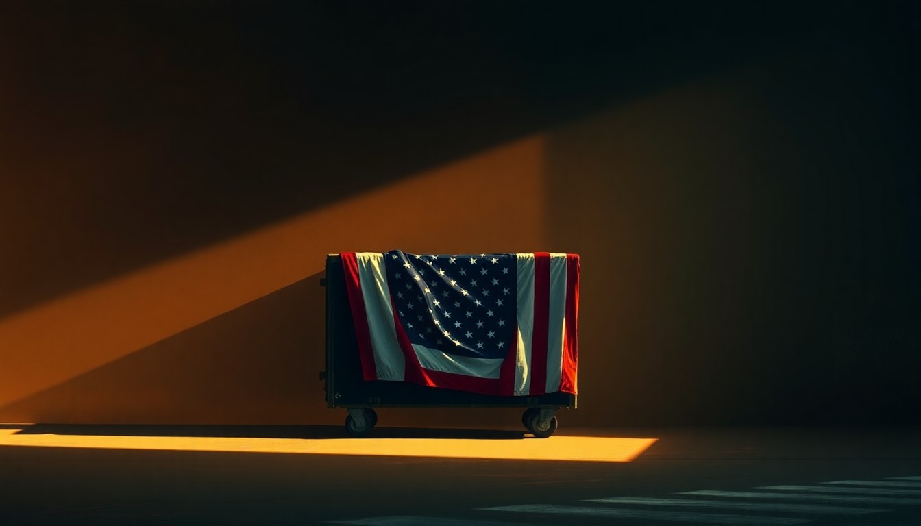 A serene, painterly image of an American flag draped over a military transfer case, the scene bathed in warm, cinematic lighting and deep shadows, conveying a sense of quiet reverence and the weight of the moment.