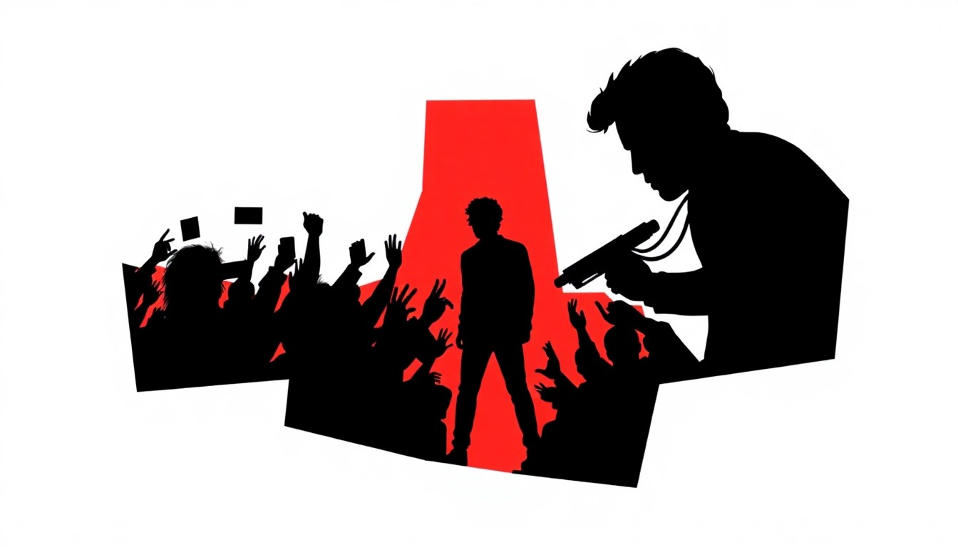 An abstract, minimalist illustration featuring sharp, angular black shapes and negative space, conceptually representing the conflict between fans and ticket scalpers over access to a highly anticipated concert.