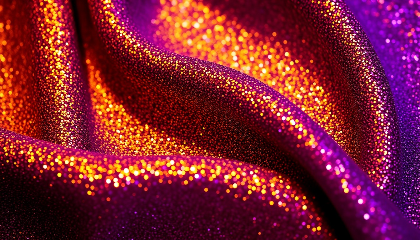 An extreme close-up photograph of shimmering, glittery fabric in deep purple and metallic gold, creating a sense of luxurious, high-fashion glamour.