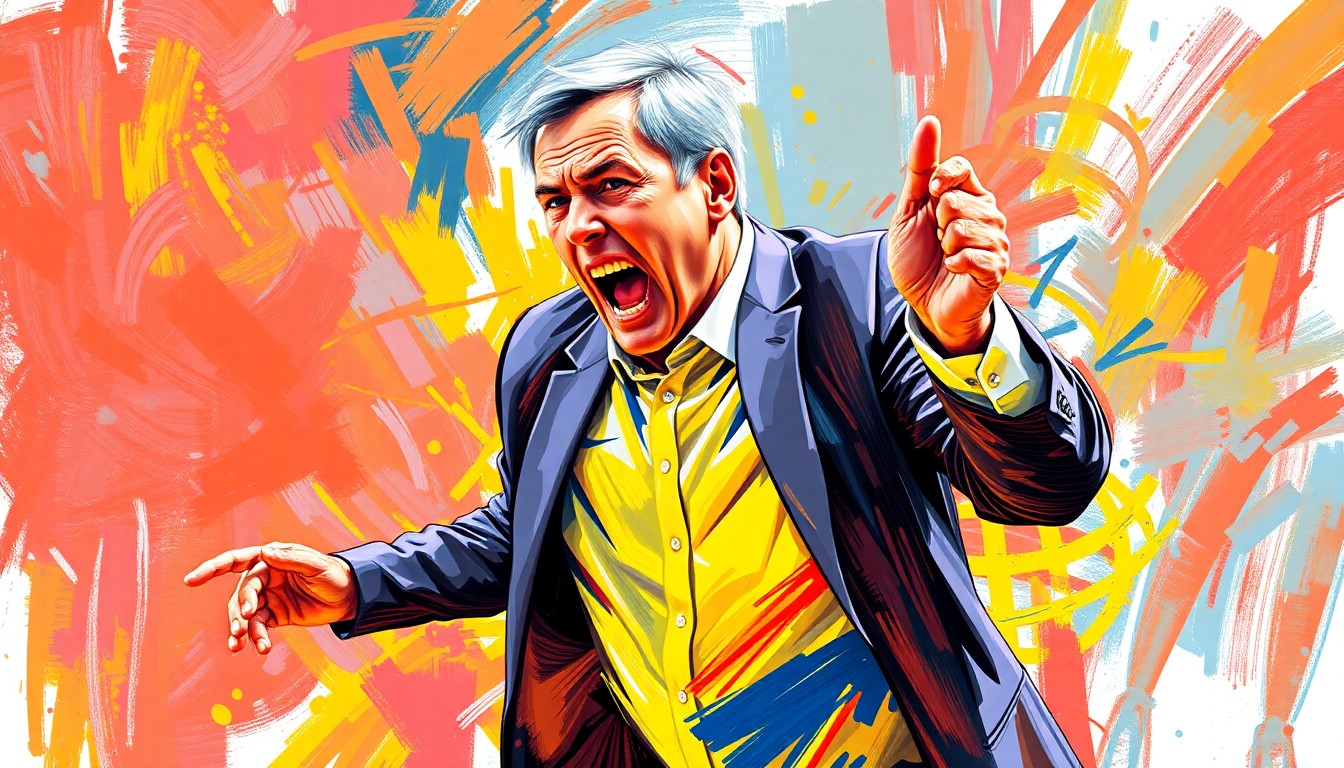 An abstract, expressionist painting in vibrant neon colors depicting a basketball coach in a frenetic, energetic pose, their face contorted with passion and intensity, conveying the raw emotion and excitement of the game.