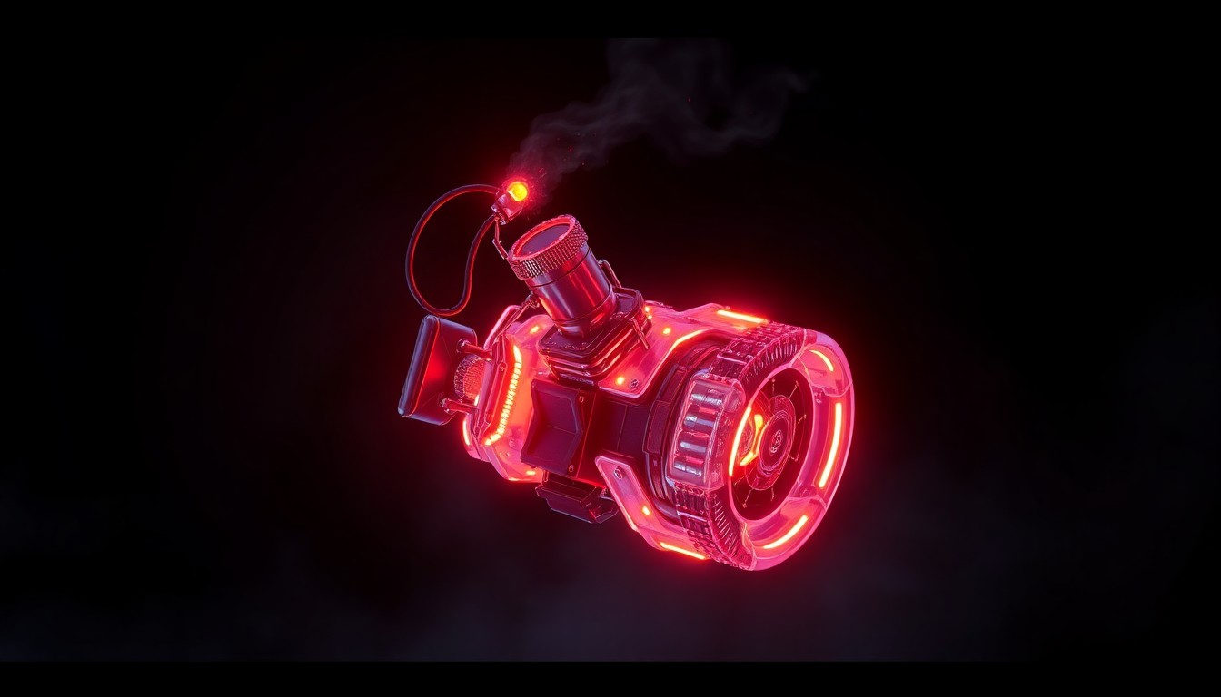A highly detailed, glowing 3D illustration of a Molotov cocktail made of futuristic, neon-lit cybernetic components, floating against a dark, ominous backdrop, conceptually representing the clash between AI innovation and societal unrest.