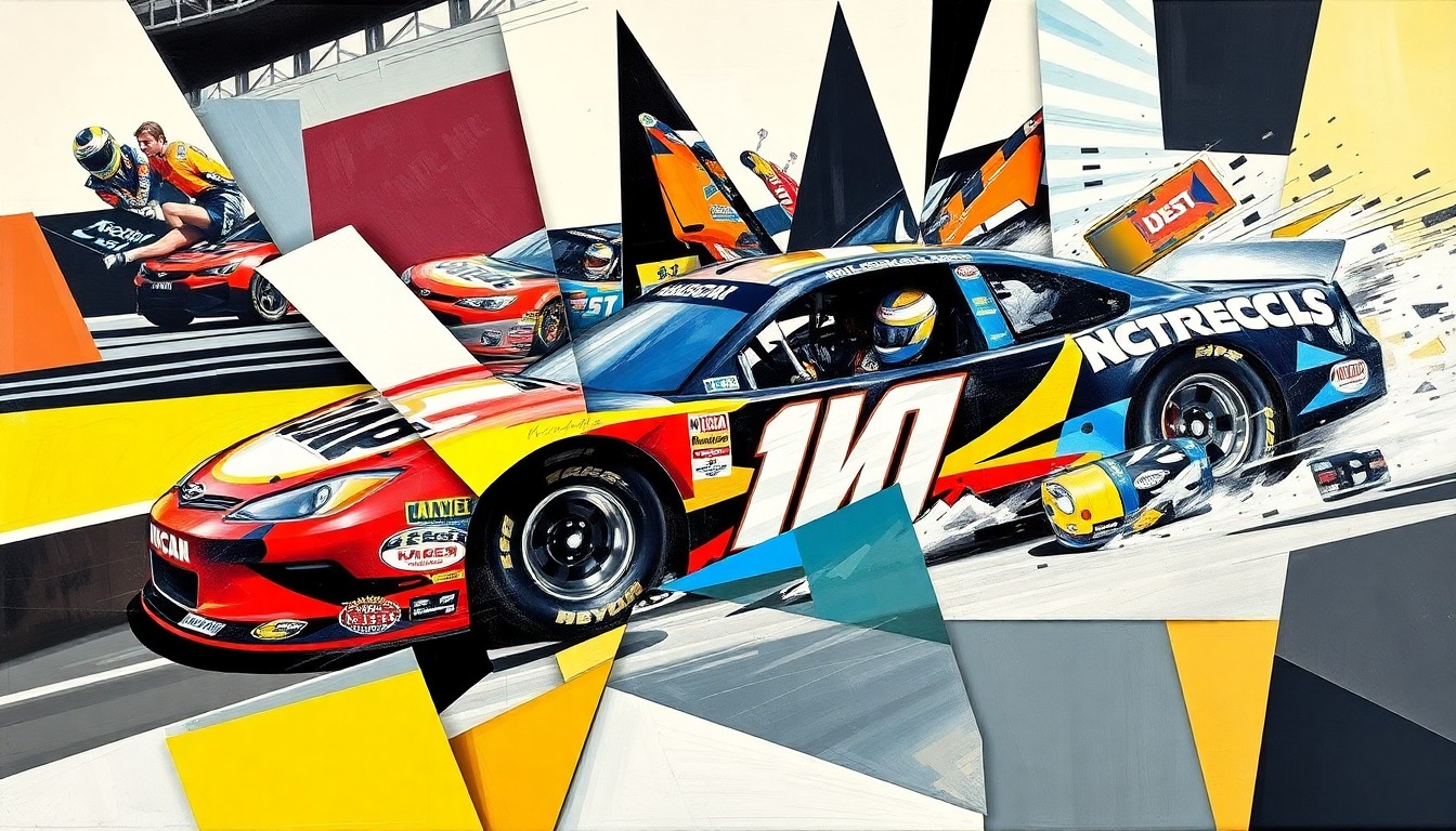 A cubist, geometric painting depicting a NASCAR race scene, with the car and driver's movements broken down into sharp, overlapping shapes and planes of color, capturing the intensity and energy of the sport.