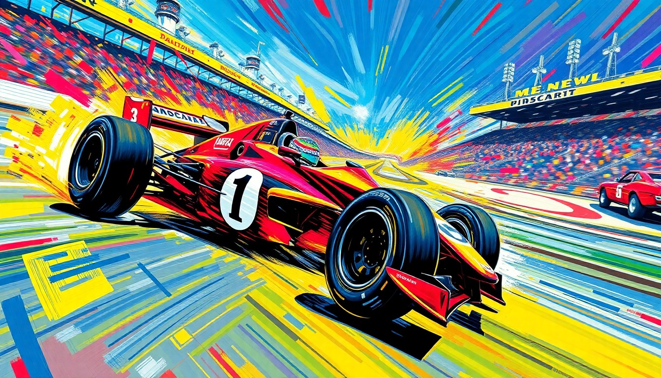 An abstract, expressionist painting in neon colors depicting the dynamic motion and energy of a race car driver accelerating around the Indianapolis Motor Speedway track, with the forms and details dissolving into vibrant brushstrokes.