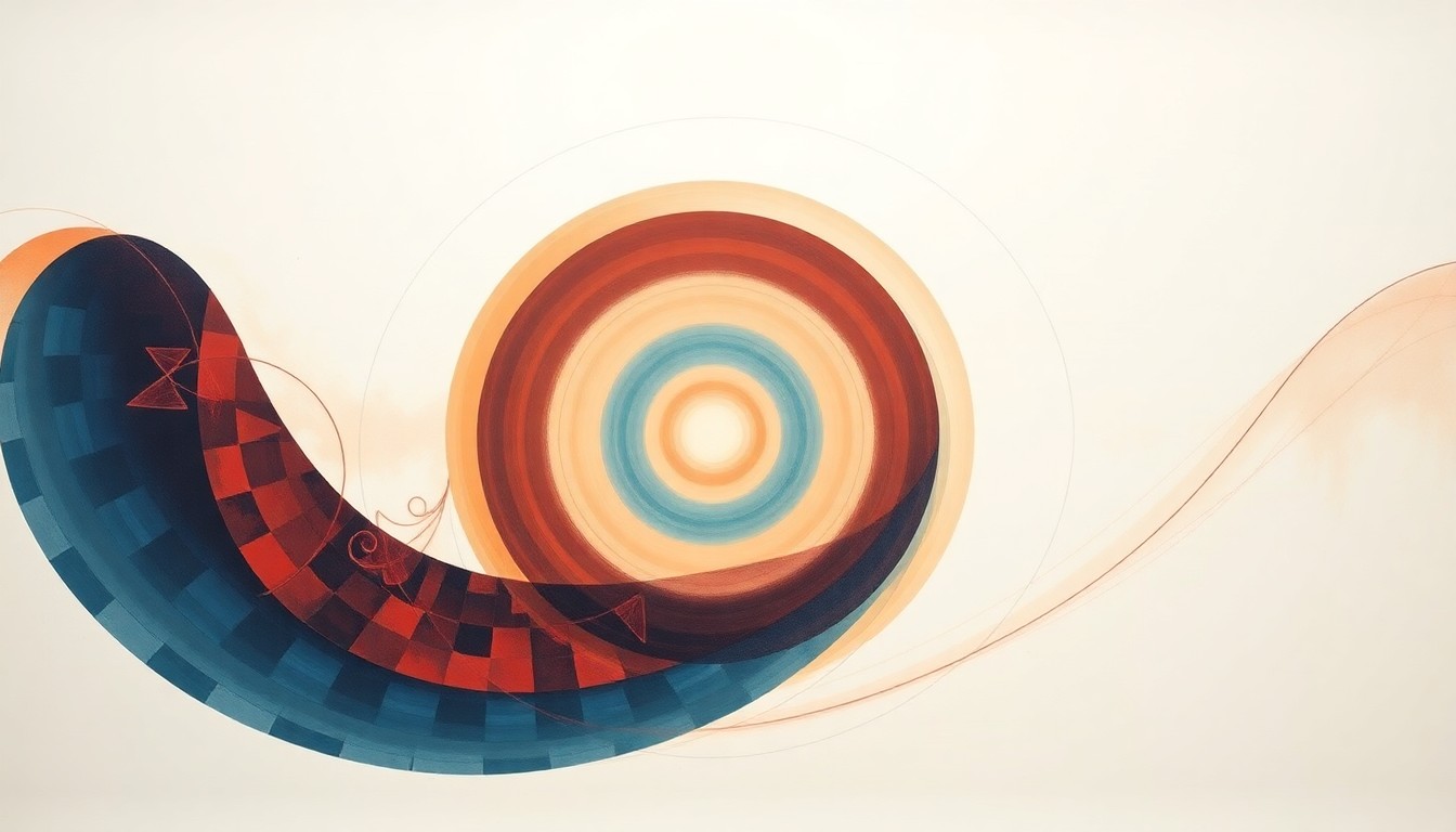 A highly structured abstract painting in soft, flat colors depicting sweeping geometric arcs, concentric circles, and precise botanical spirals, conceptually representing the complex process of growing diamond patterns for cooling electronics.