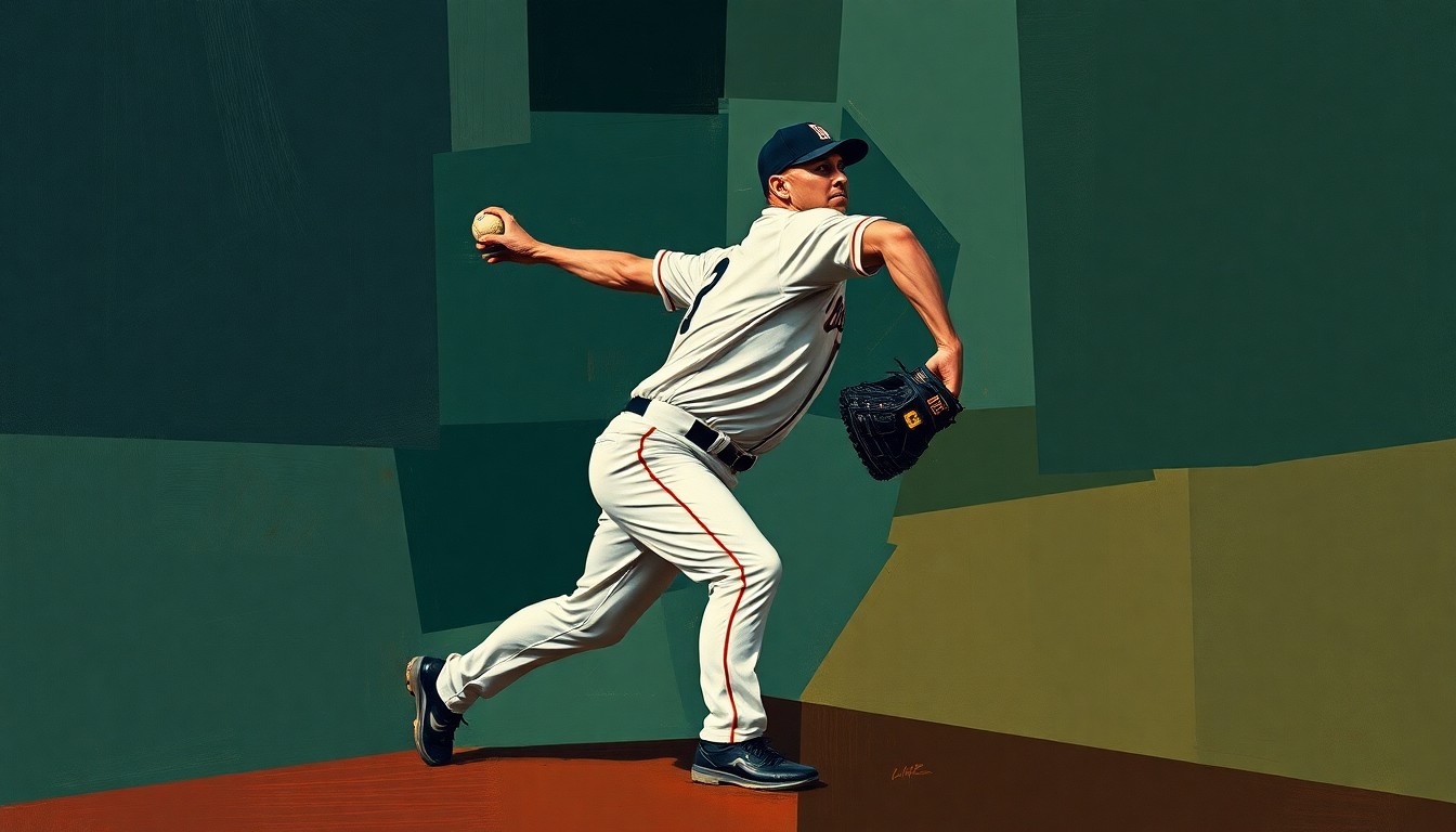 A fragmented, geometric painting depicting a baseball pitcher's motion broken down into overlapping planes of navy, forest green, and burnt sienna, conveying the conceptual essence of a legendary player's career.