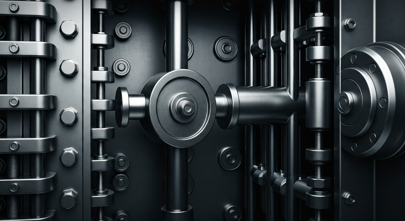 An extreme close-up of the intricate gears, levers, and metal components that make up the inner workings of a large bank vault, conveying a sense of institutional strength and financial security.