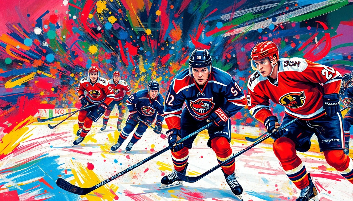 An abstract, expressionist painting in vibrant neon colors, capturing the raw energy and intensity of a hockey game, with players' forms dissolving into dynamic brushstrokes.