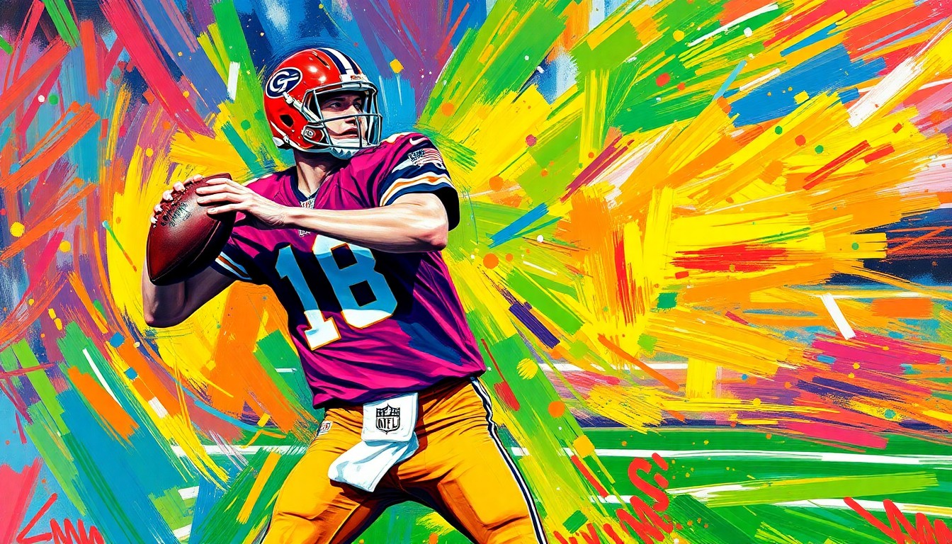 An abstract, energetic painting using vibrant neon colors and expressive brushstrokes to depict the dynamic motion of an NFL quarterback dropping back to pass, capturing the raw athleticism and intensity of professional football.