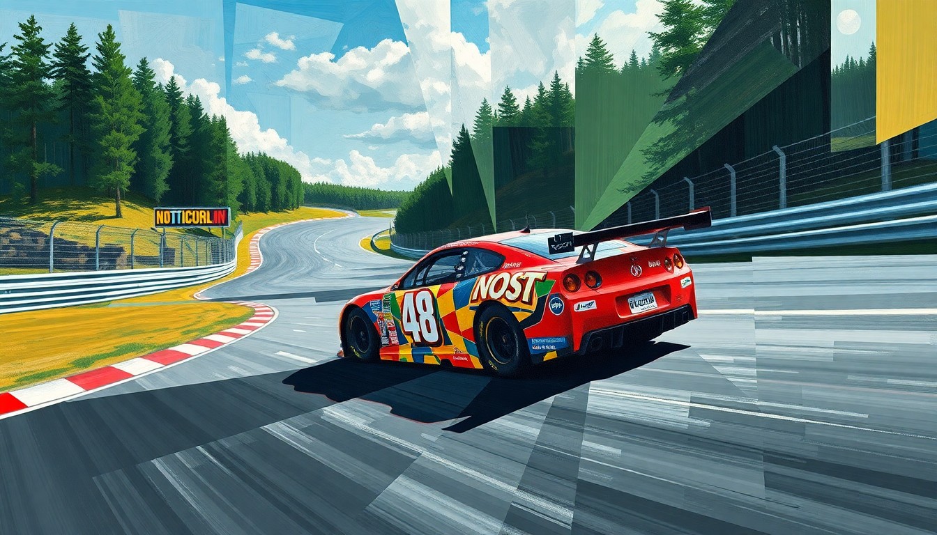 A fractured, multi-perspective painting depicting a NASCAR race car navigating the winding turns and elevation changes of the Nürburgring's Nordschleife circuit, with the car's form broken down into sharp, overlapping geometric shapes that convey the intense focus and precision required to master this legendary track.