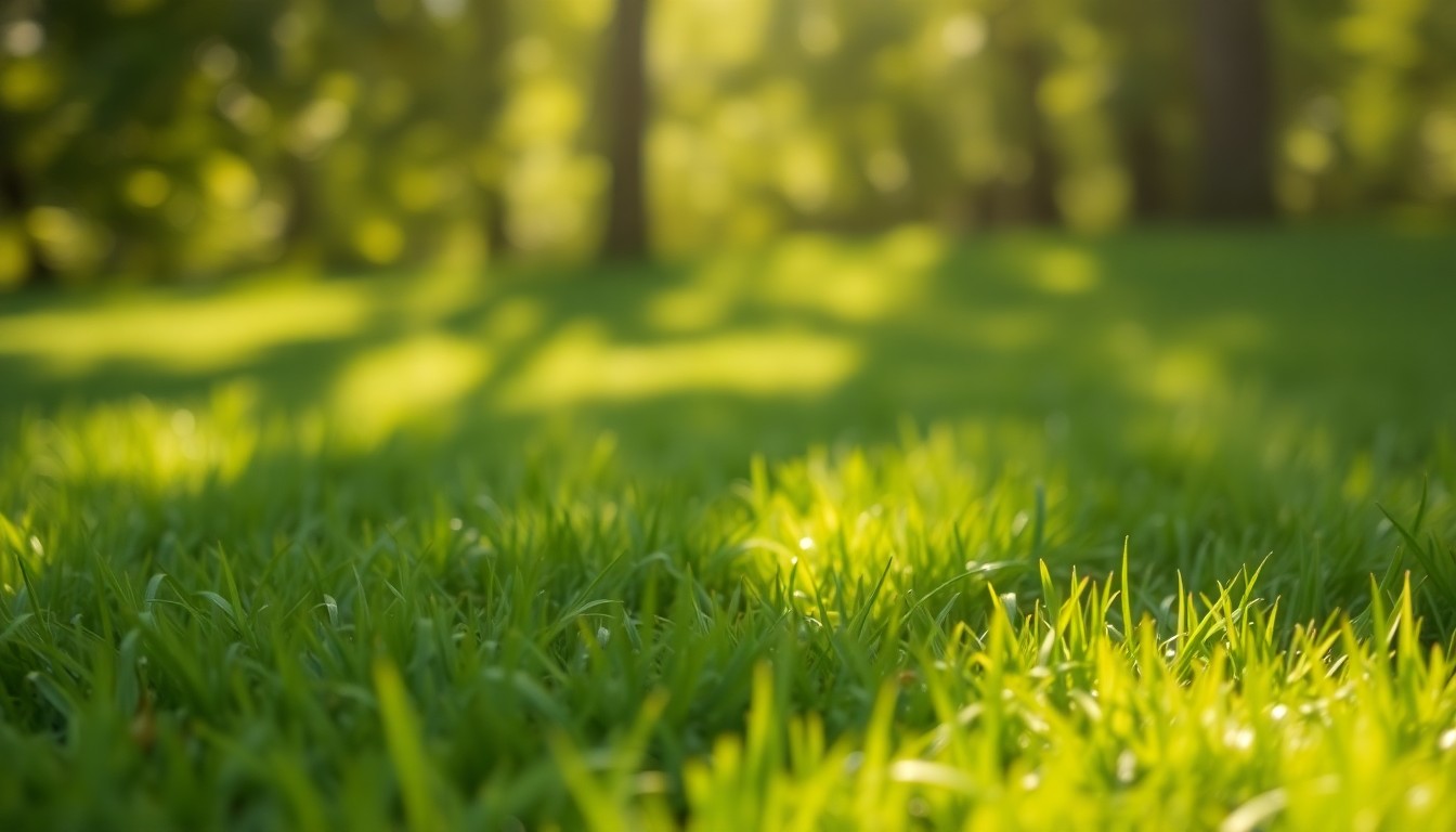 An abstract, impressionistic photograph of a grassy lawn, with the blades of grass blurred into soft, colorful shapes and the sunlight creating a warm, hazy glow across the scene.