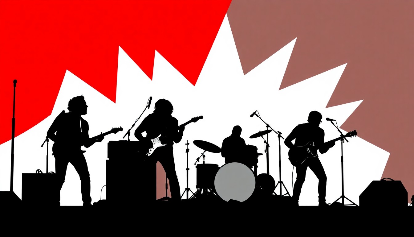 A bold, abstract illustration featuring sharp, jagged shapes in high-contrast red and black, conceptually representing the energy and rebellious spirit of a garage rock band's cover performance at a music festival.