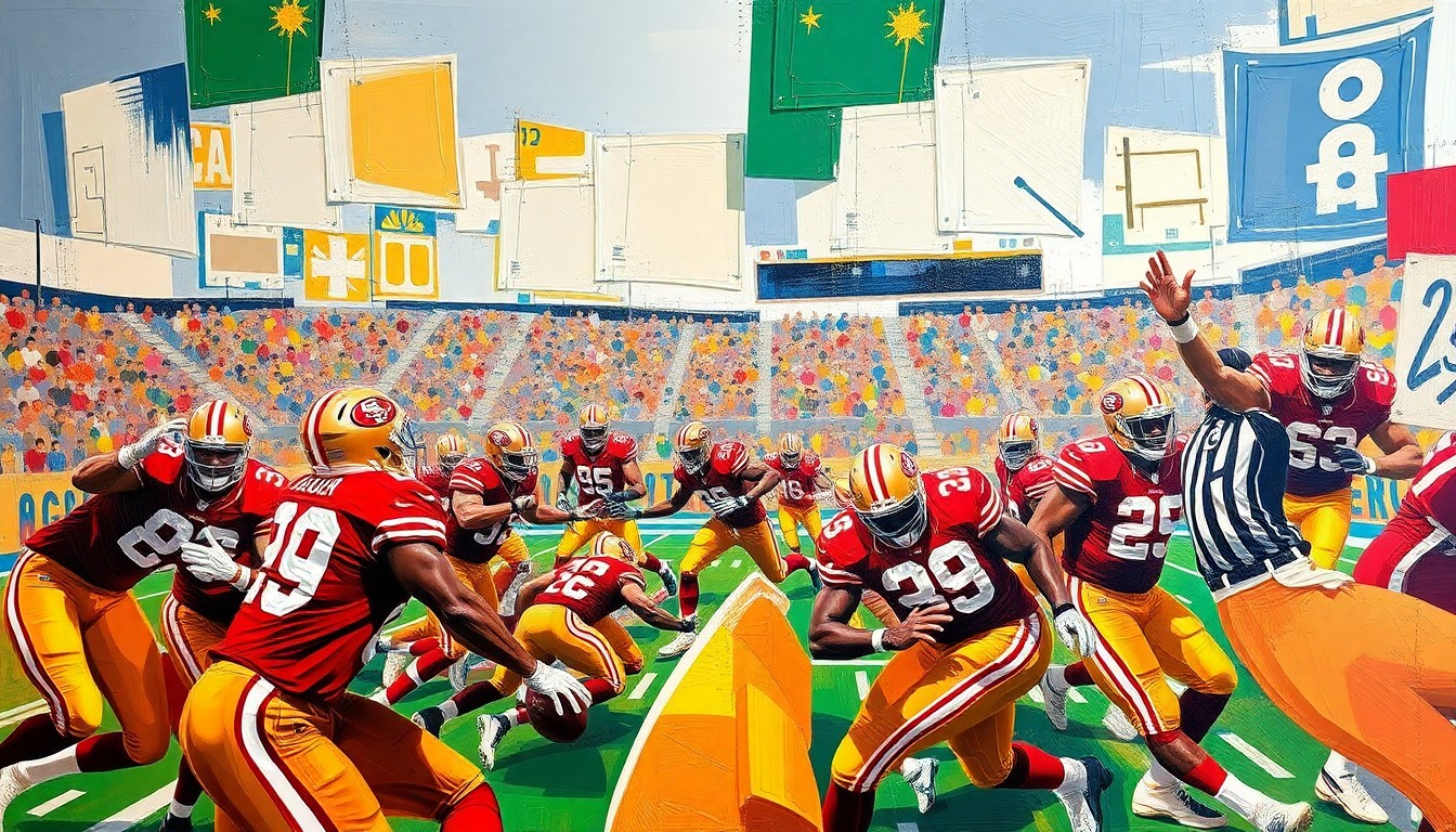 A cubist, geometric painting depicting a football game in motion, with the players and field broken down into sharp, overlapping planes of red, gold, and other vibrant colors.