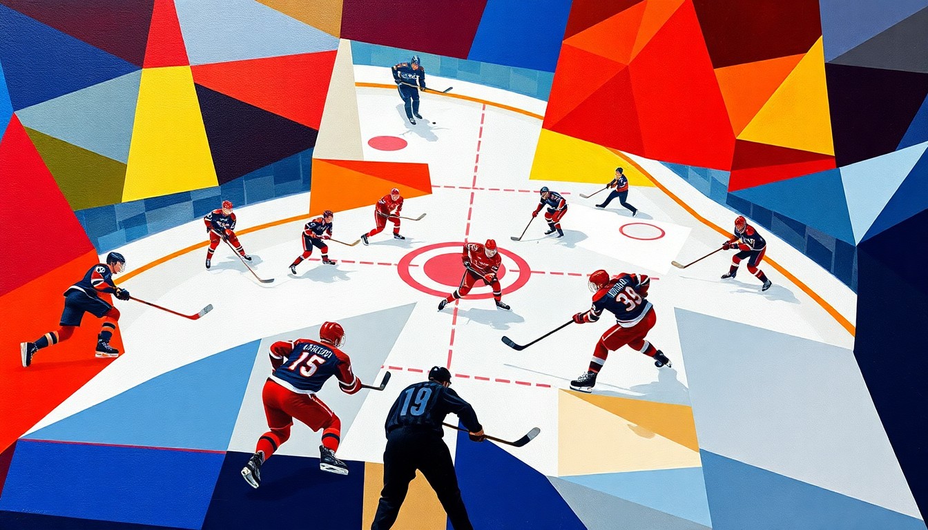 A cubist, geometric painting depicting the dynamic action of a college hockey game, with sharp, overlapping planes of ice, sticks, pucks, and players in motion, conveying the energy and excitement of the Pioneers' championship victory.