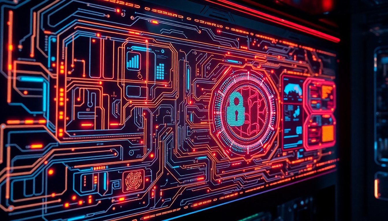 A highly detailed, glowing 3D illustration of a futuristic cybersecurity control panel, with pulsing neon lights, intricate circuit patterns, and abstract data visualizations, conceptually representing the advanced AI-powered systems used to protect sensitive video game development information.