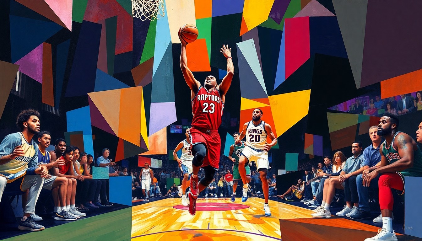 A fractured, cubist-style painting depicting the energy and movement of a basketball game, with Scottie Barnes' explosive plays at the center of the composition, surrounded by the vibrant colors of the Raptors and Kings uniforms.