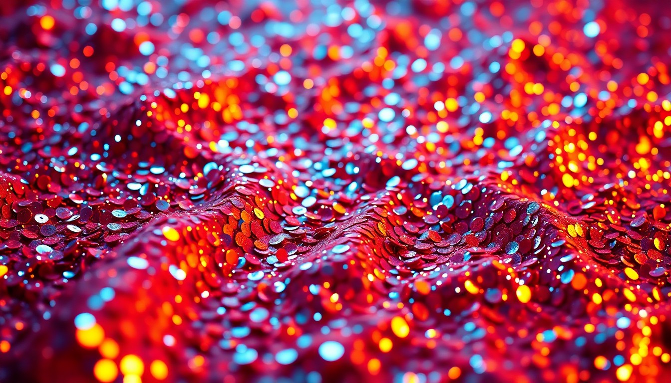 An abstract close-up photograph of shimmering, high-contrast sequins under dramatic studio lighting, conveying the glamour and luxury of Hollywood celebrity culture.