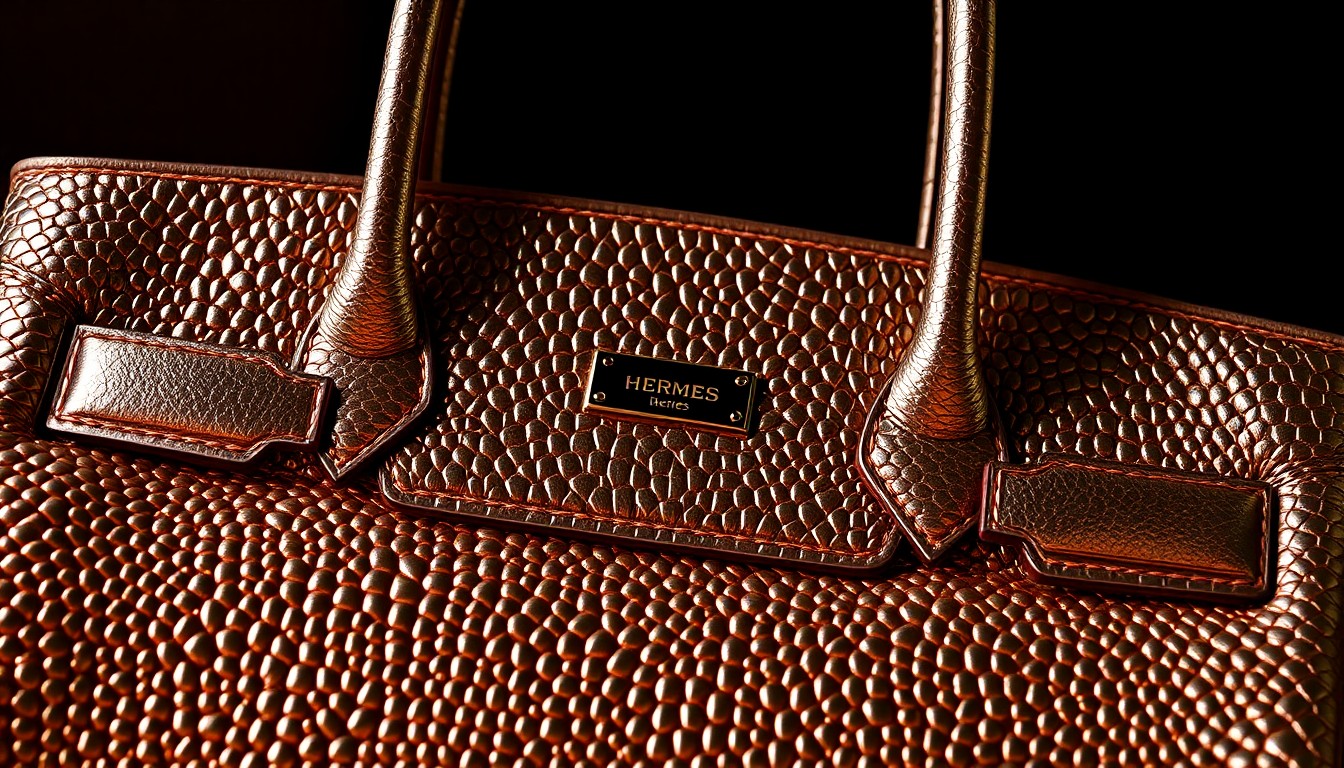 An extreme close-up photograph of the shimmering, metallic surface of a luxury Hermès Birkin handbag, captured in dramatic studio lighting to highlight the opulent, high-fashion texture and glamour of celebrity fashion.