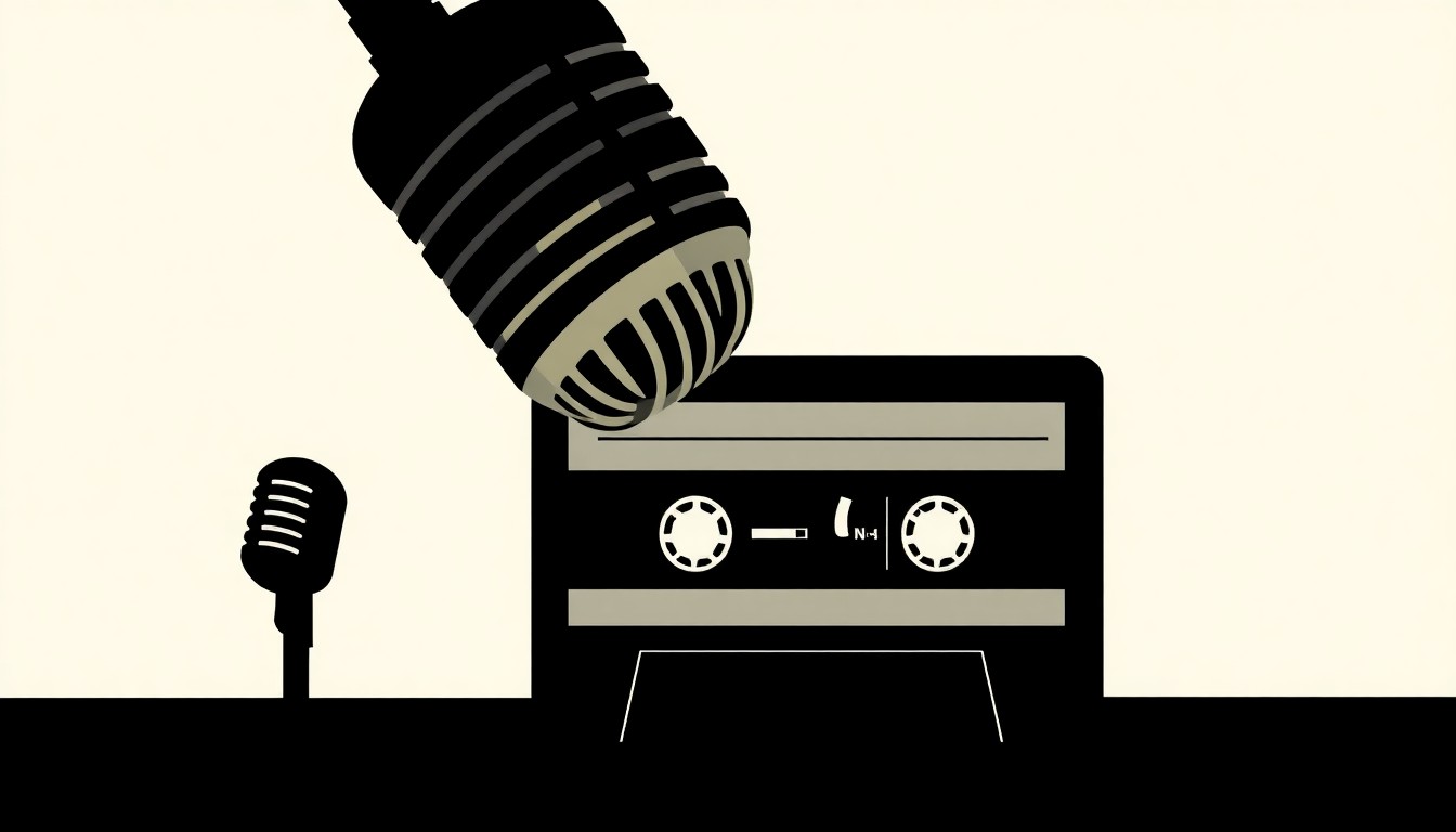 An abstract, minimalist illustration featuring bold black silhouettes of a vintage microphone and cassette tape against a high-contrast red and white background, conceptually representing the preservation of historic live music performances.