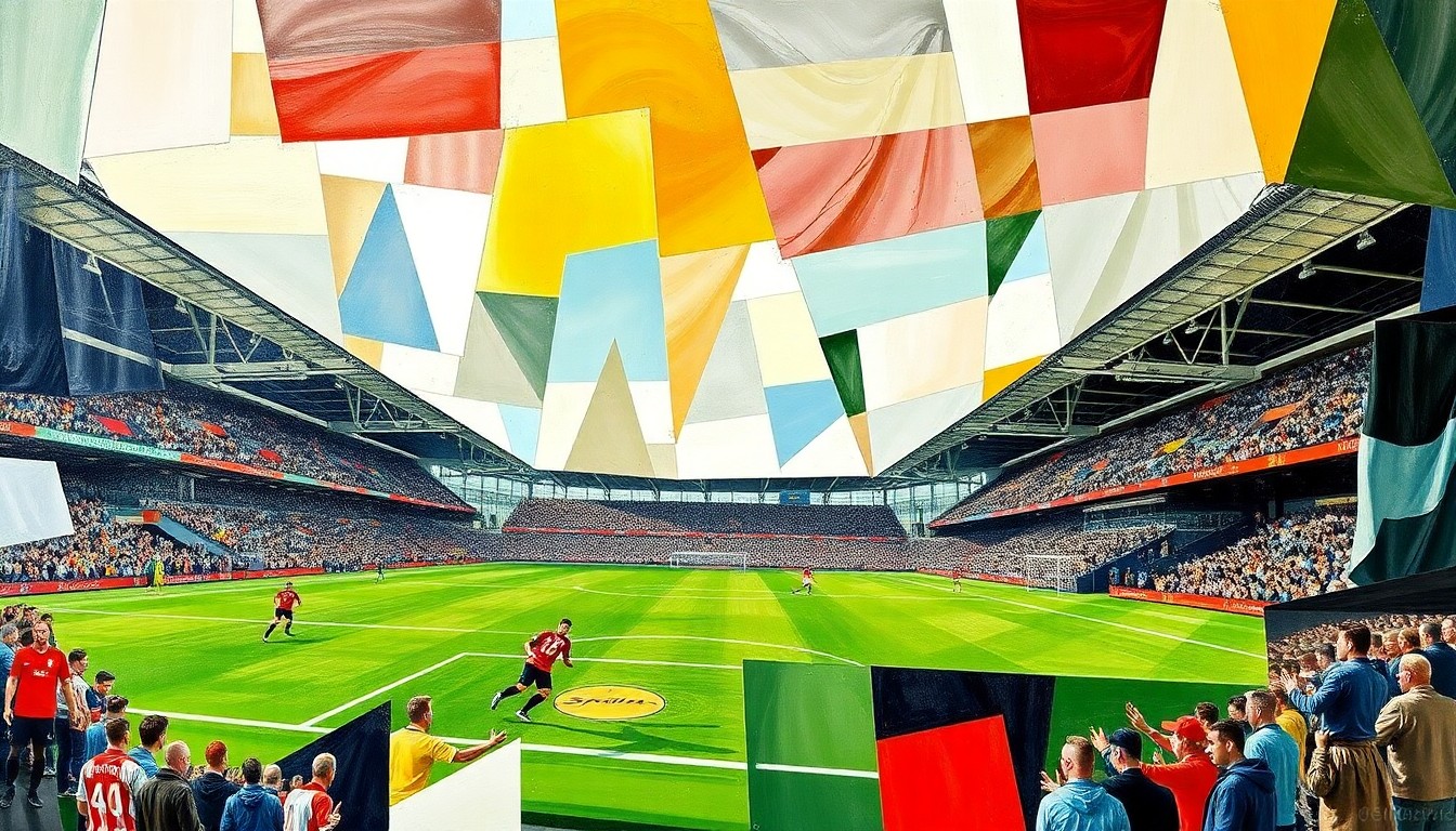 A fragmented, cubist-style painting depicting a football match, with players and the field broken down into sharp, overlapping geometric shapes and planes in muted colors, conceptually representing the tactical adjustments required in professional football.