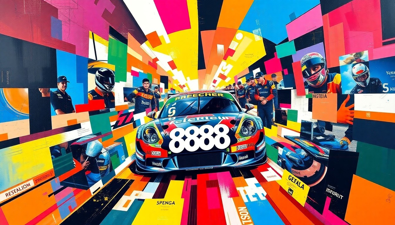 A cubist, geometric painting depicting a Supercars race scene, with the #888 car at the center surrounded by bold, overlapping shapes and planes in the team's colors, conceptually representing the transition of this legendary number to a new driver.