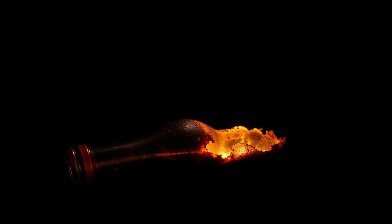 An extreme close-up of a partially melted, charred Molotov cocktail bottle, conceptually illustrating the vandalism and threats faced by tech leaders.
