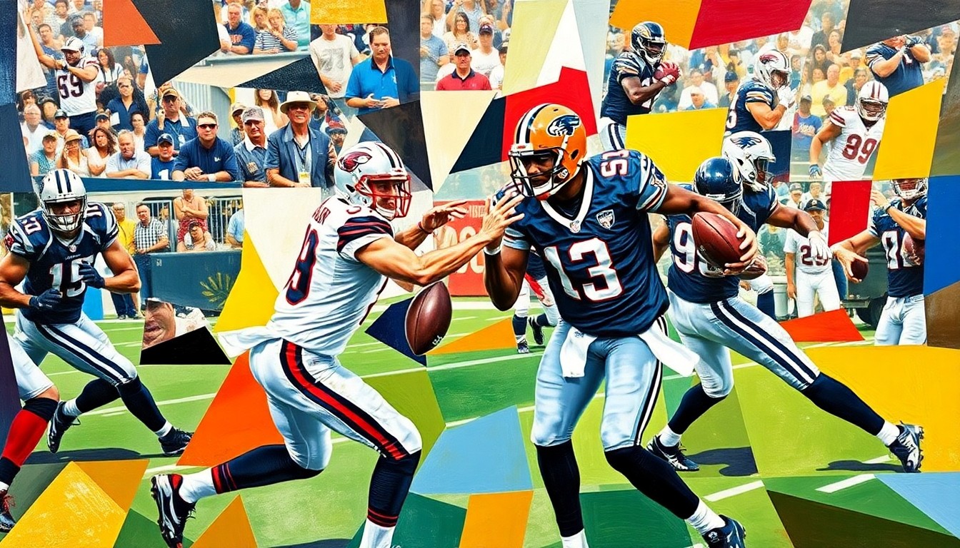 A fragmented, multi-angled painting depicting the dynamic movements and energy of a football game between quarterbacks Josh Allen and Lamar Jackson, with their figures and the field broken down into sharp, overlapping geometric shapes and planes.