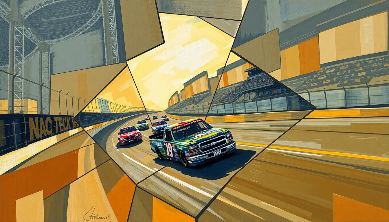 A cubist, geometric painting depicting a NASCAR Craftsman Truck Series race, with the truck and track broken down into sharp, overlapping planes of color, capturing the energy and movement of the sport.