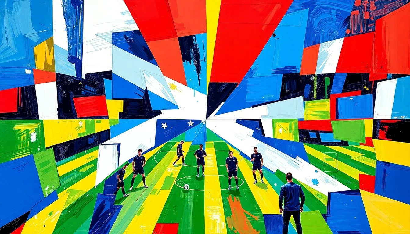 A fractured, cubist-style painting depicting a Scottish national team training session at the Charlotte FC training ground, with vibrant colors and sharp, overlapping geometric shapes representing the abstract, multi-perspective nature of the scene.