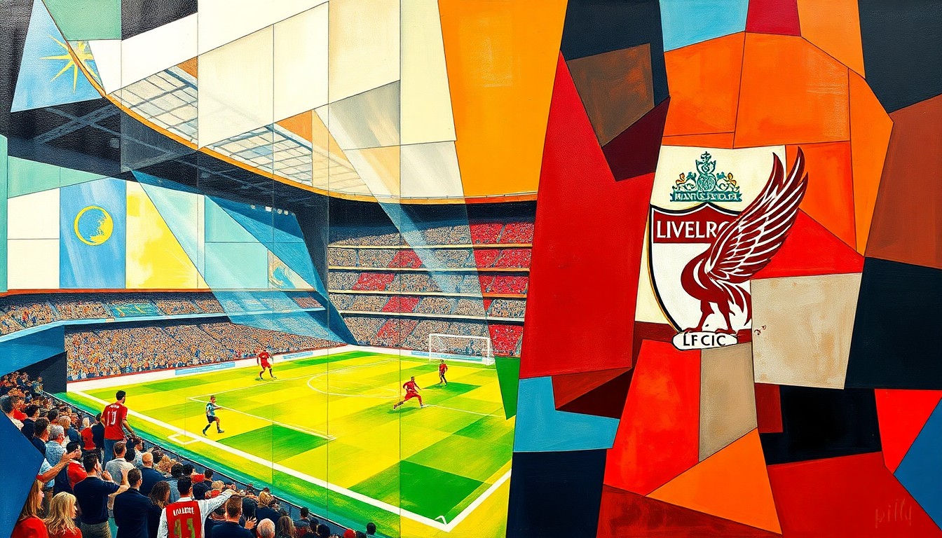 A cubist, geometric painting depicting a football match between Manchester City and Liverpool, with the players and the field of play broken down into sharp, overlapping planes of color and shape, capturing the intensity and drama of the upcoming FA Cup quarter-final.