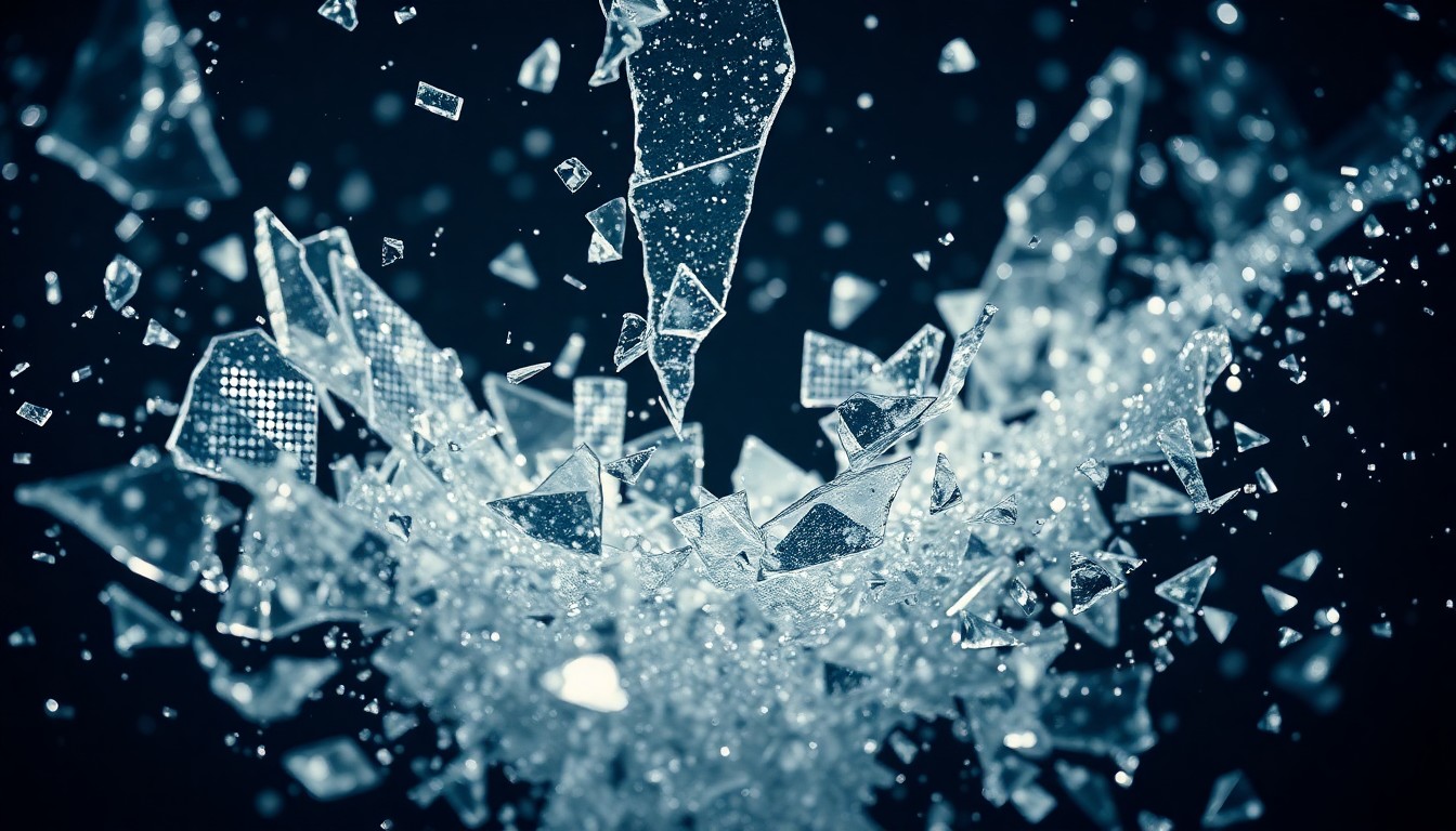 An abstract close-up image featuring shattered glass and glittering shards in high-contrast studio lighting, conveying the fragile balance between honoring the past and embracing the future.