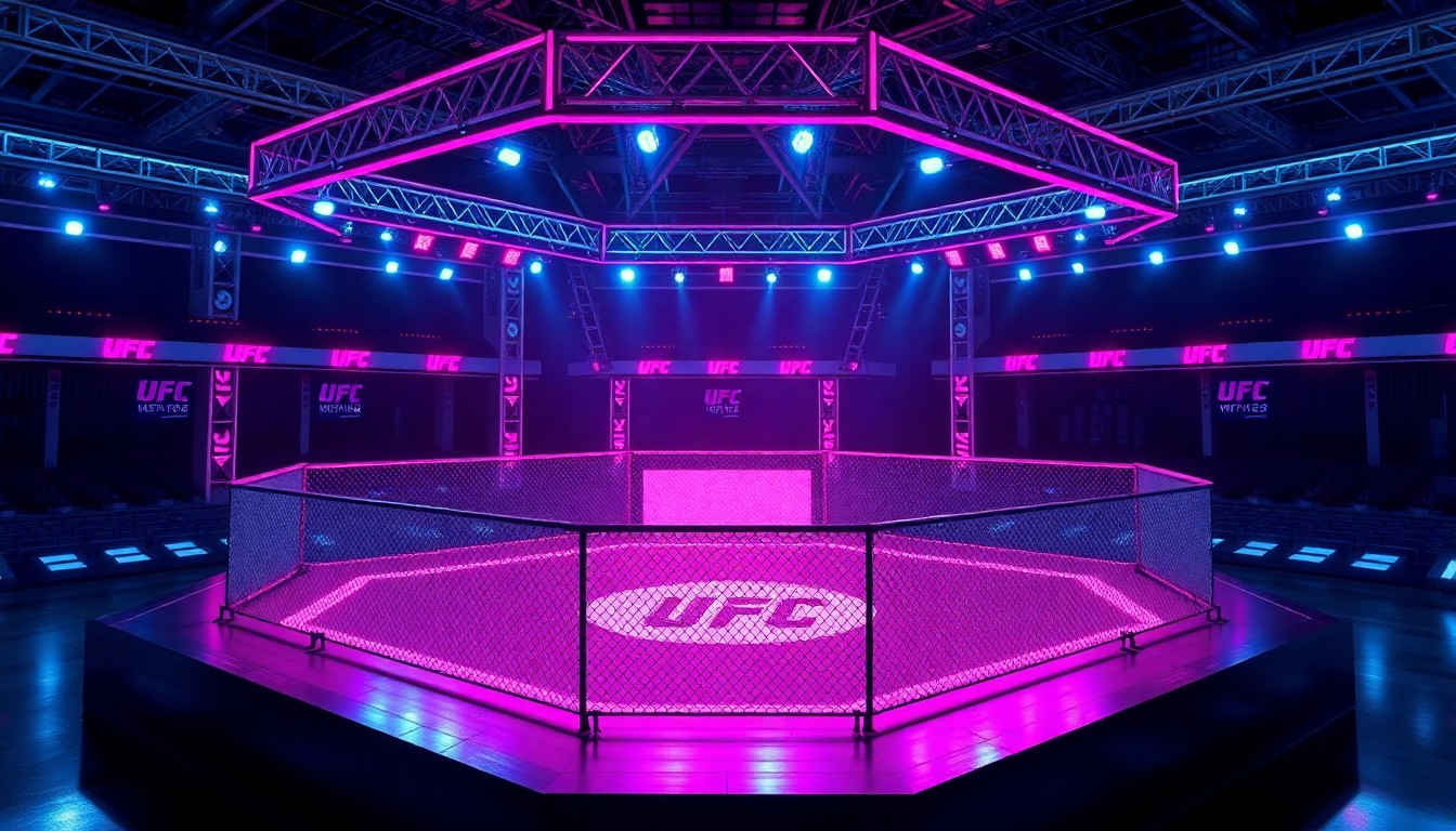 A highly detailed, luminous 3D illustration of a futuristic UFC fighting arena, with neon cyan and magenta lights illuminating the digital infrastructure and technology that powers the sport's content creation. The image has a cyberpunk, high-tech aesthetic, capturing the digital transformation of the industry.